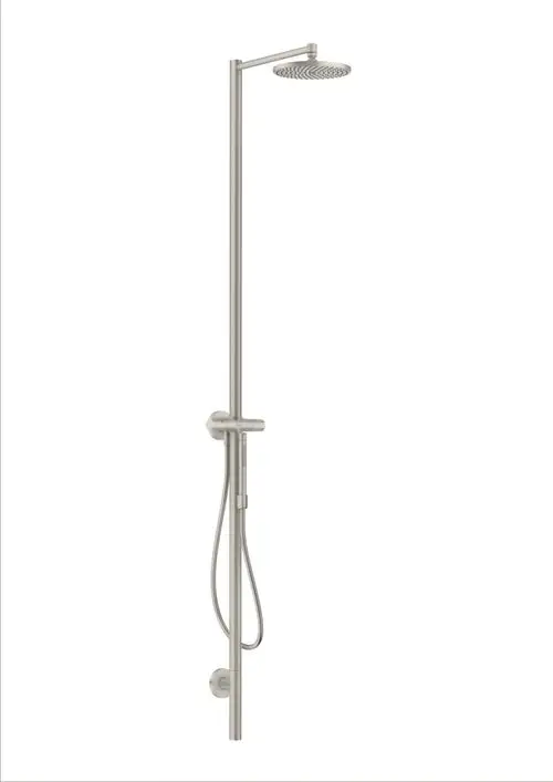 Duschsäule aus Edelstahl mit Kopfbrause, verchromtem Schlauch und Montageteilen. Produkt von AXOR, geeignet für Badezimmerinstallationen.
